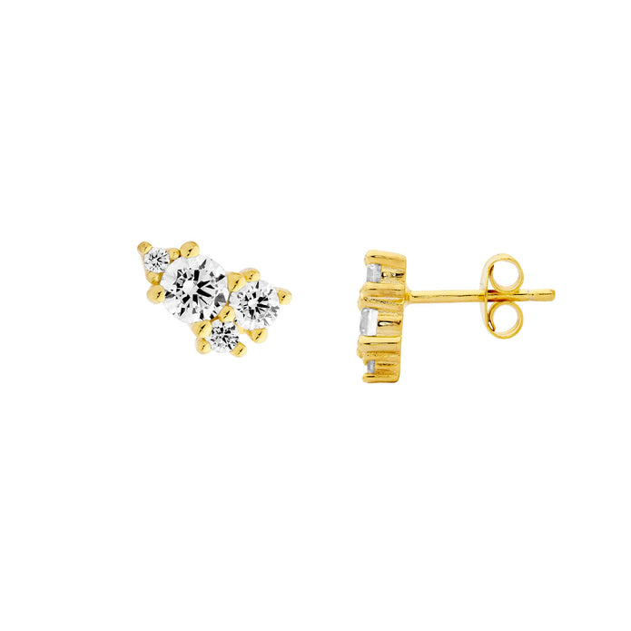 Ellani Sterling Silver Gp Cz Cluster Stud Earrings
