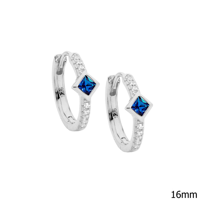 Ellani Sterling Silver Blue & White Cz's 16mm Hoop Earrings