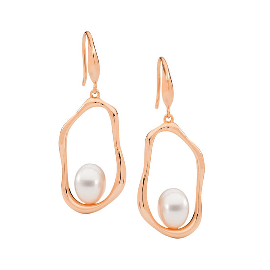 Ellani Sterling Silver Rgp Pearl Open Wave Drop Earrings