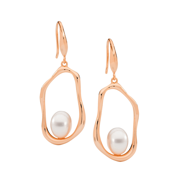 Ellani Sterling Silver Rgp Pearl Open Wave Drop Earrings