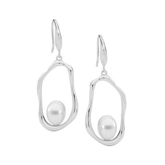 Ellani Sterling Silver Pearl Open Wave Drop Earrings