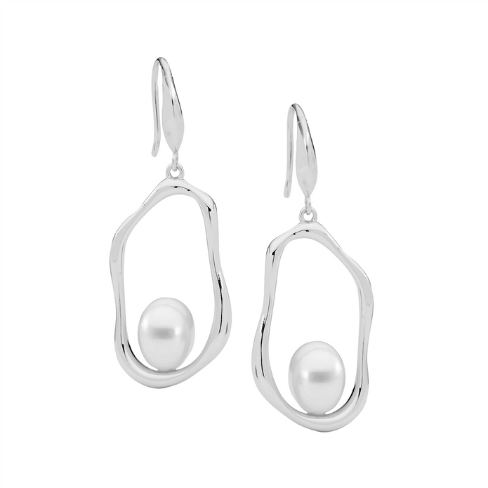 Ellani Sterling Silver Pearl Open Wave Drop Earrings