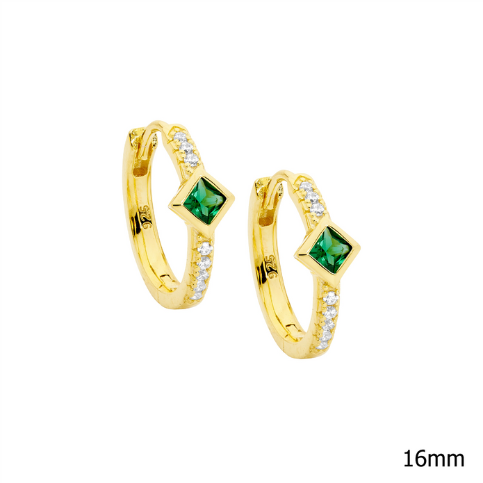 Ellani Sterling Silver Gp 16mm Green & White Cz Hoop Earrings