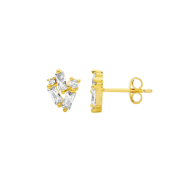 Ellani Sterling Silver Gp Cz Cluster Stud Earrings