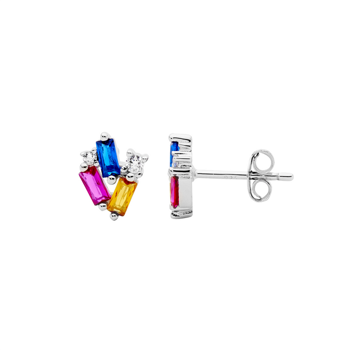 Ellani Sterling Silver Multi Coloured Cz Cluster Stud Earrings