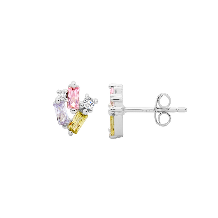 Ellani Sterling Silver Multi Coloured Cz Cluster Stud Earrings 2