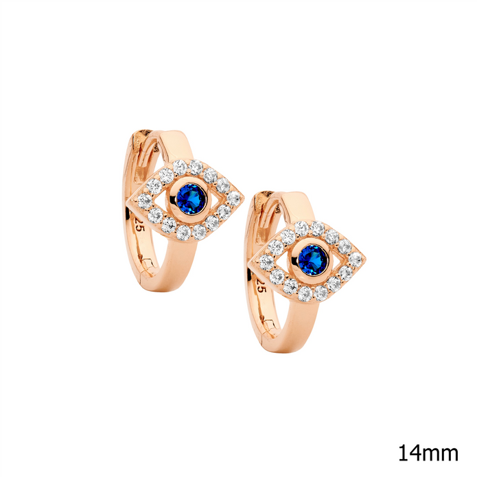 Ellani Sterling Silver Rgp 14mm Cz Evil Eye Hoop Earrings