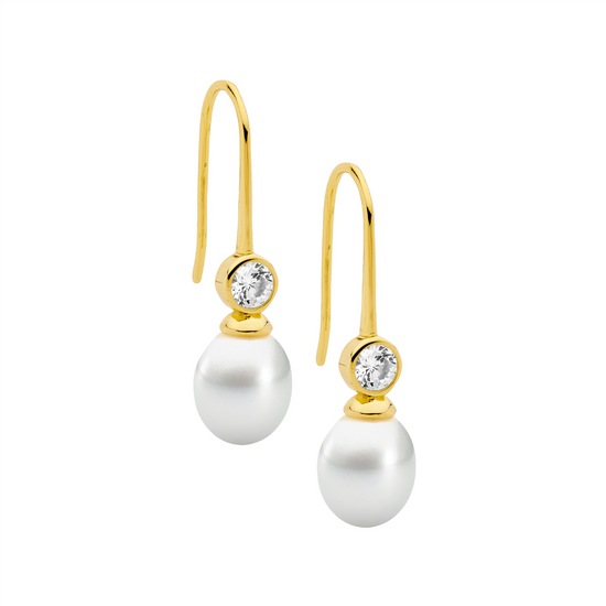 Ellani Sterling Silver Gp Cz Pearl Drop Earrings