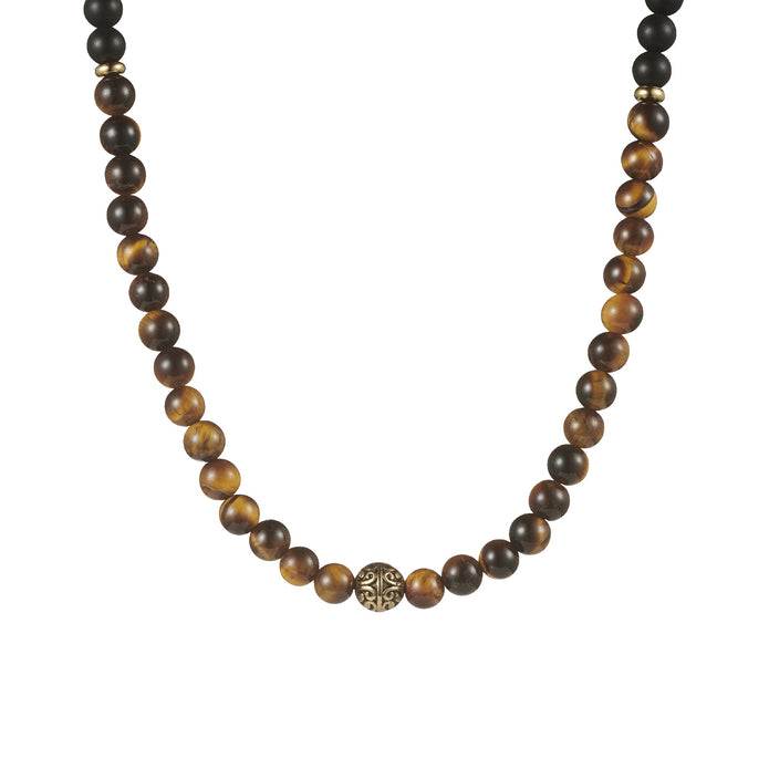 6mm Yellow Tiger Eye Matt Agate And Ip Gold Beaded Stretch Neck Chain