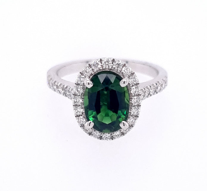 18ct White Gold Natural Chrome Green Tourmaline and Diamond Ring