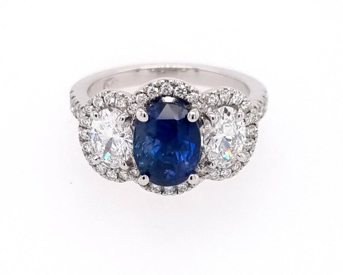 Platinum 3 Stone Sapphire and Diamond Halo Ring