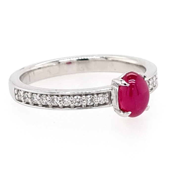 Platinum Oval Cabochon cut Greenland Ruby and Diamond Ring