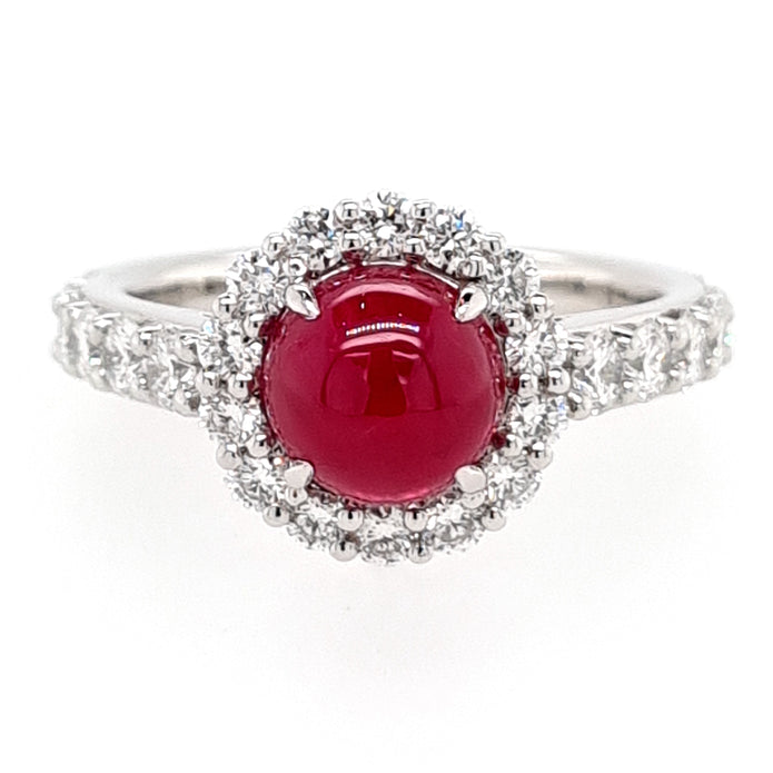 Platinum Round Cabochon cut Greenland Ruby and Diamond Ring