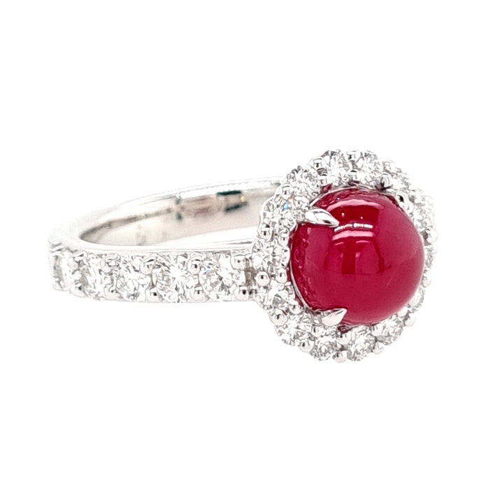 Platinum Round Cabochon cut Greenland Ruby and Diamond Ring