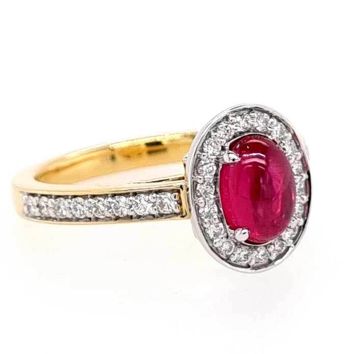 Platinum and 18ct Yellow Gold Oval Cabochon Greenland Ruby and Diamond Ring