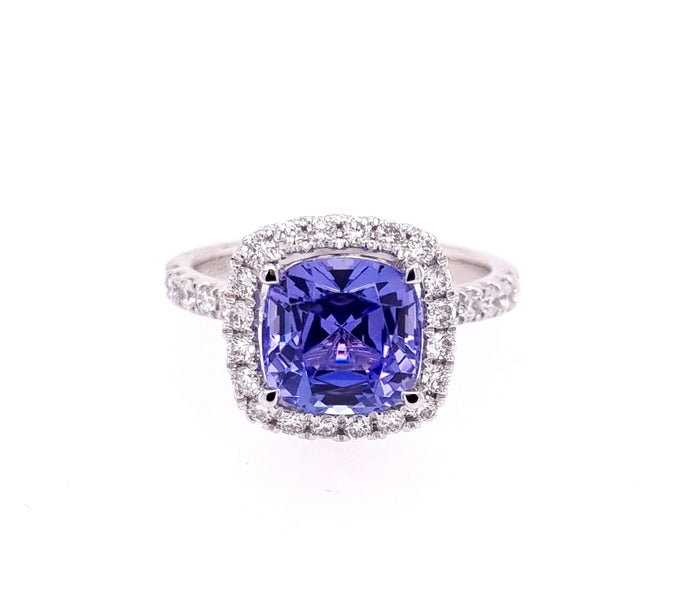 Platinum Halo Tanzanite and Diamond Ring