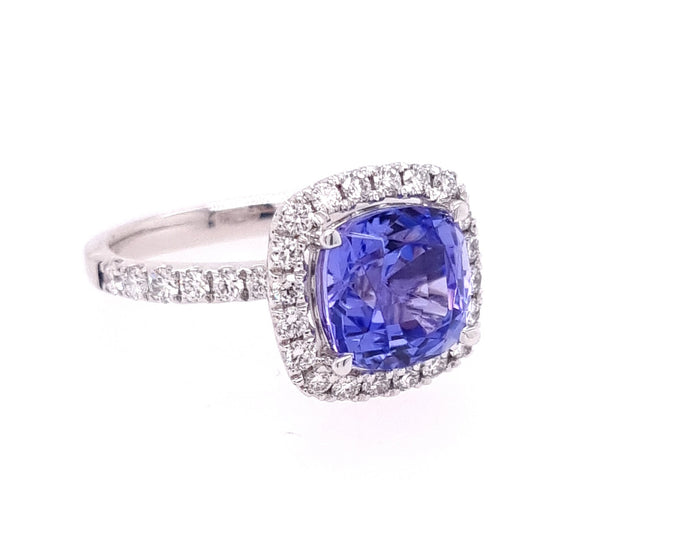 Platinum Halo Tanzanite and Diamond Ring