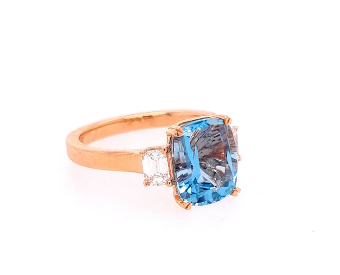 18ct Rose Gold Trilogy Aquamarine and Diamond Ring