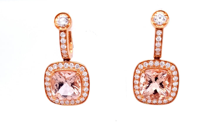 18ct Rose Gold Halo Morganite and Diamond Hoop Earrings