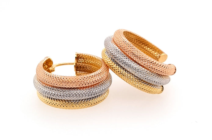 9ct 3-Tone Gold Italian Hoop Earrings