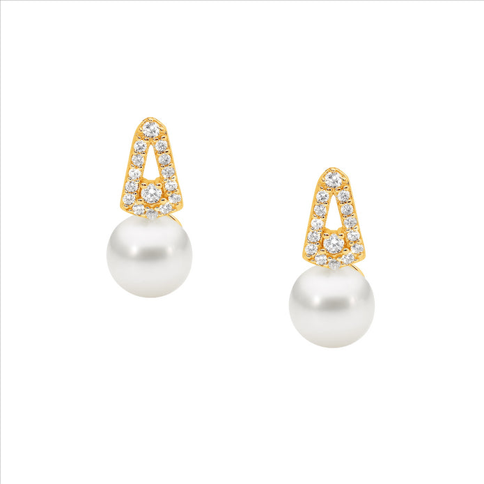 Sterling Silver YGP White CZ V Freshwater Pearl Stud Earrings