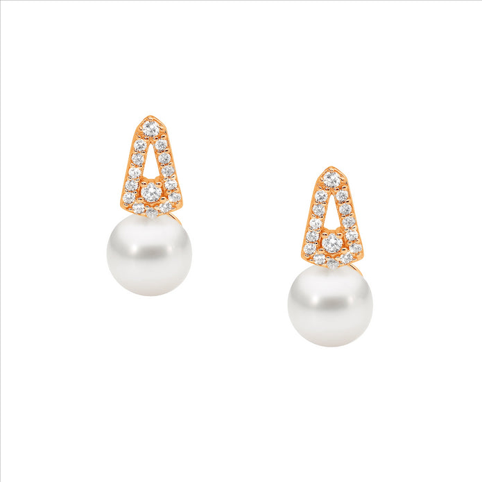 Sterling Silver RGP White CZ V Freshwater Pearl Stud Earrings