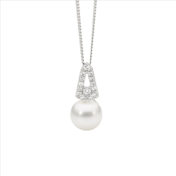 Sterling Silver White CZ V Freshwater Pearl Pendant