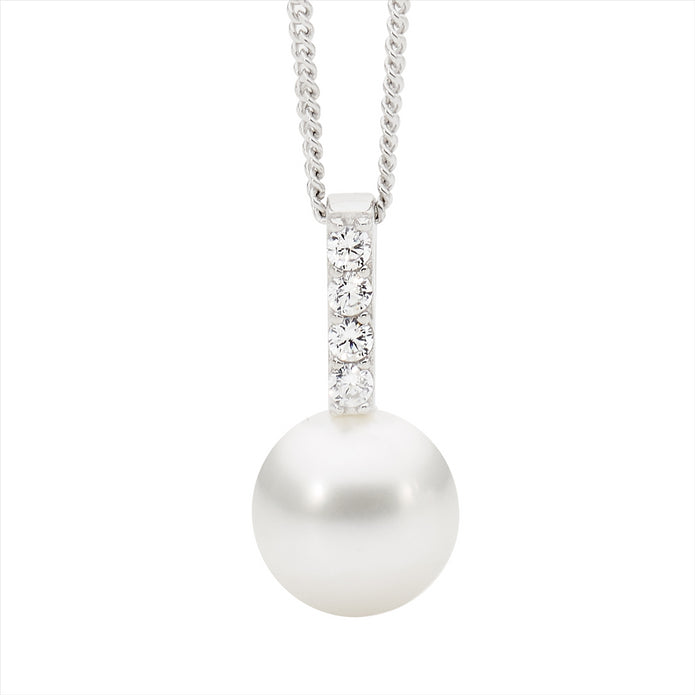 Sterling Silver White CZ Drop Bar Freshwater Pearl Pendant