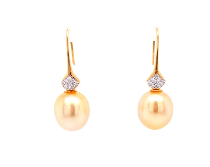 18ct Yellow Gold 10-10.5mm Golden South Sea Pearl and Diamond Drop Earrings