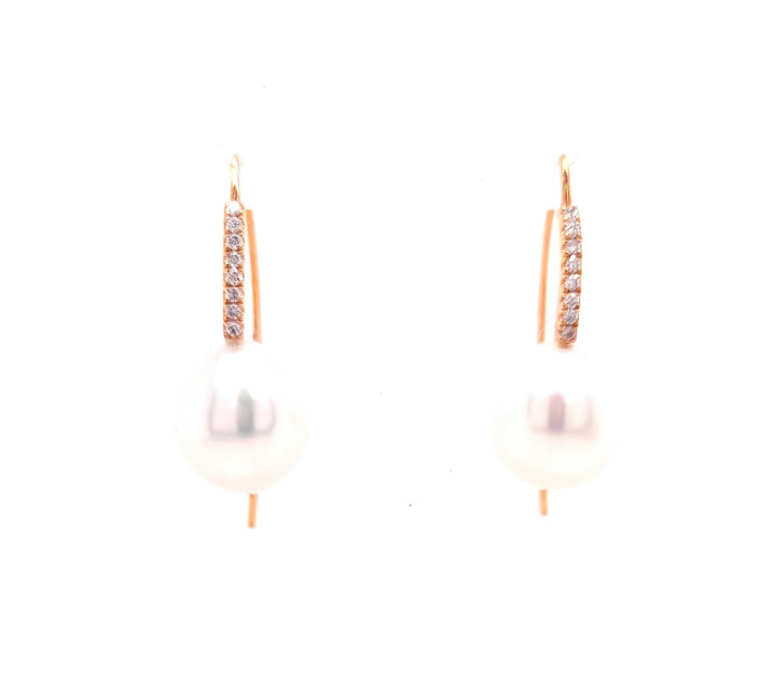 18ct Rose Gold 10.5-11mm South Sea Pearl and Diamond Drop Earrings