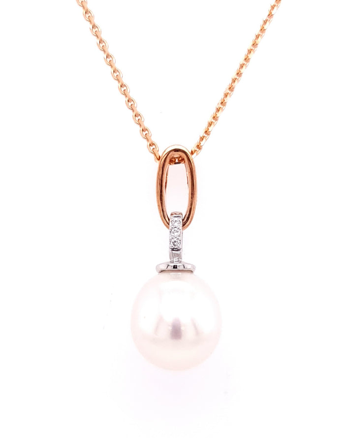 18ct Rose and White Gold 12.5-13mm South Sea Pearl and Diamond Drop Pendant
