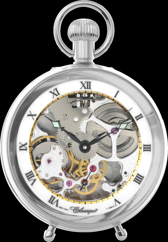 Stainless Steel 49mm Skeleton Pocket Watch