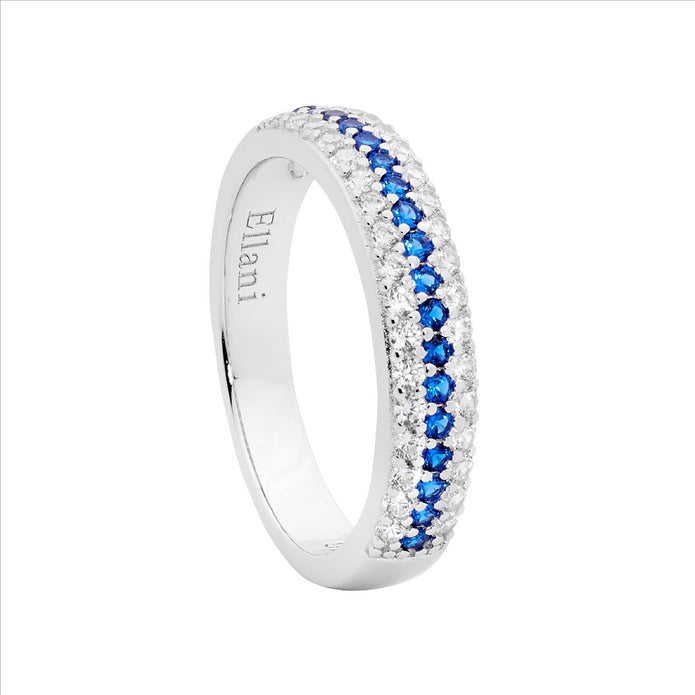 Sterling Silver White and Dark Blue 3 Row CZ Ring