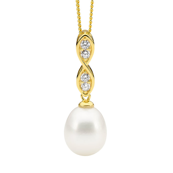 Sterling Silver GP CZ Twist and Freshwater Pearl Drop Pendant