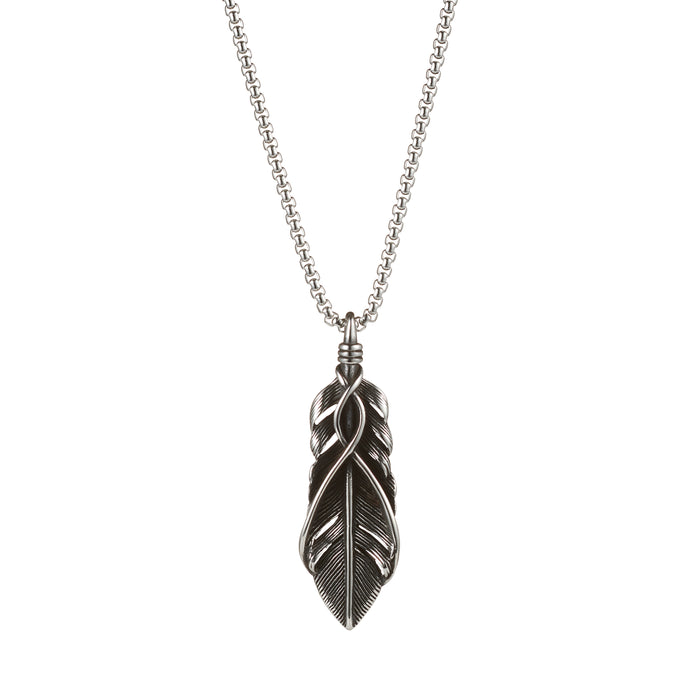 Antique IP Stainless Steel Feather Pendant and Box Chain 60cm