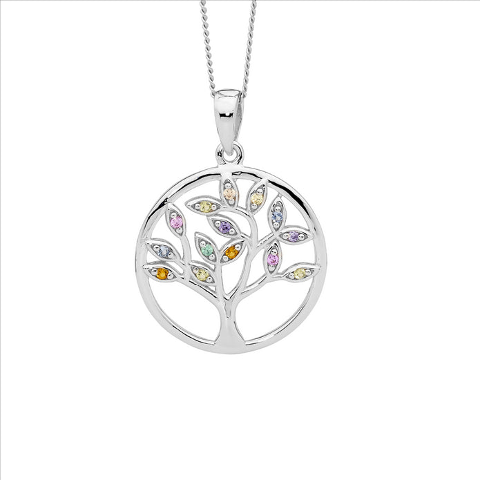 Sterling Silver Multi Coloured CZ Tree of Life Pendant