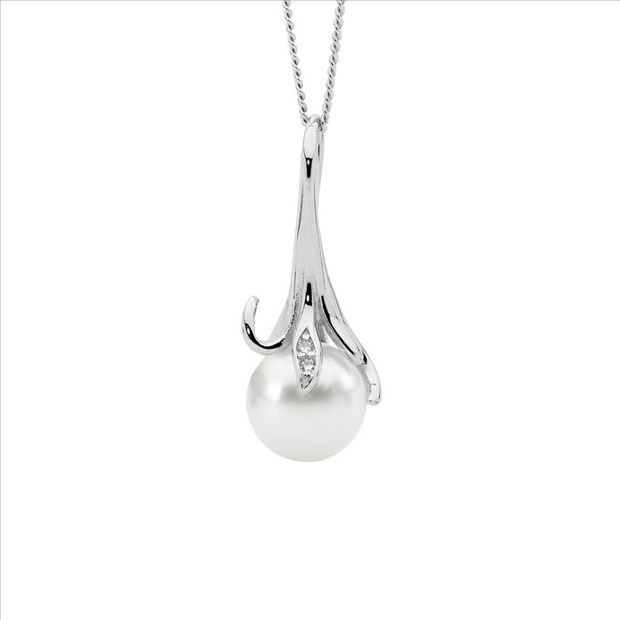 Sterling Silver CZ Freshwater Pearl Drop Pendant.