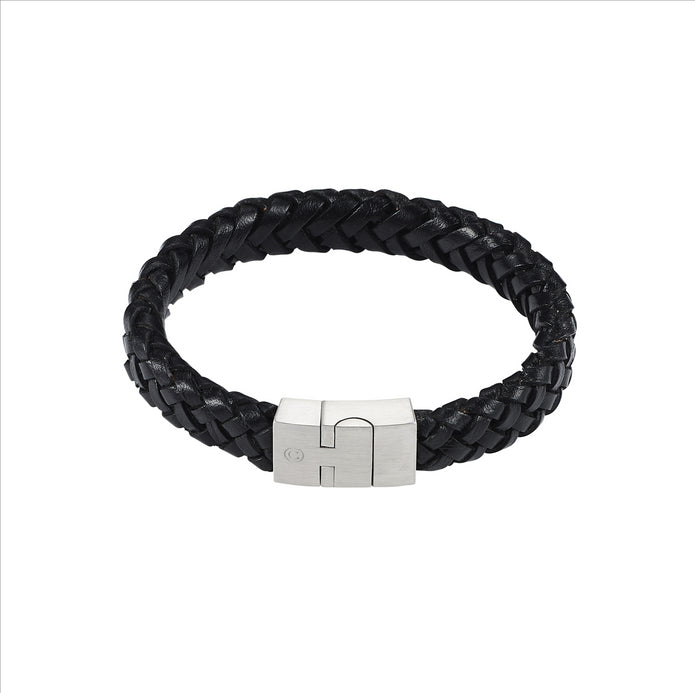 Black Plated Leather Bracelet With Stainless Steel Clasp