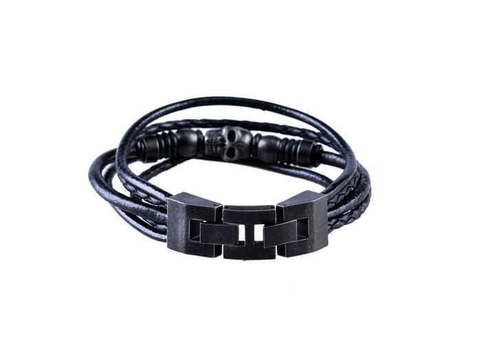 Black Stainless Steel Skull and Multi-Strand Black Leather Bracelet