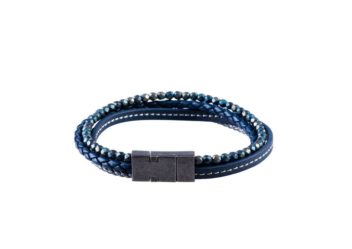 Multi-Strand Blue Leather And Hematite Beaded Bracelet