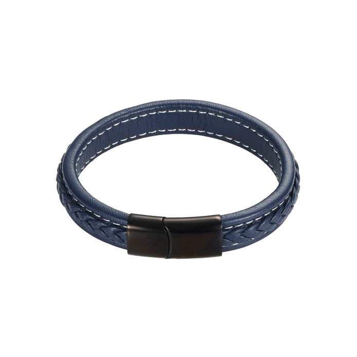 Navy Stitched Leather and Stainless Steel Bracelet