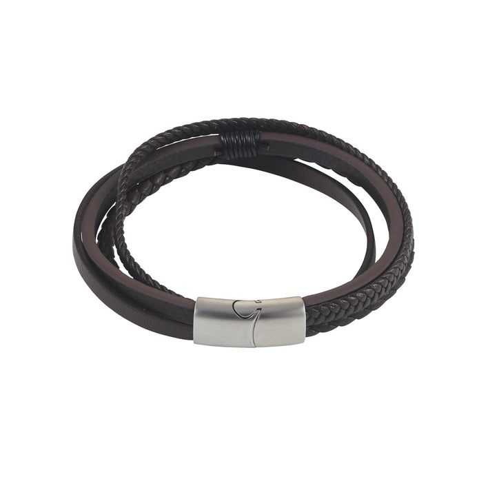 Dark Brown Multi Strand Leather and Stainless Steel Bracelet