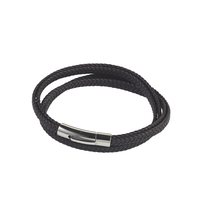 Stainless Steel and Black Leather Double Strand Bracelet