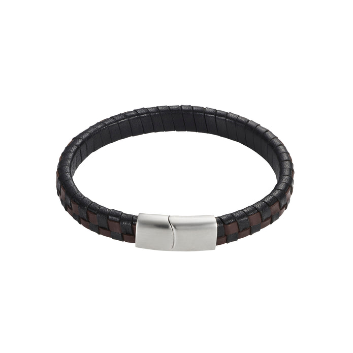 Brown and Black Braided Leather and Stainless Steel Bracelet