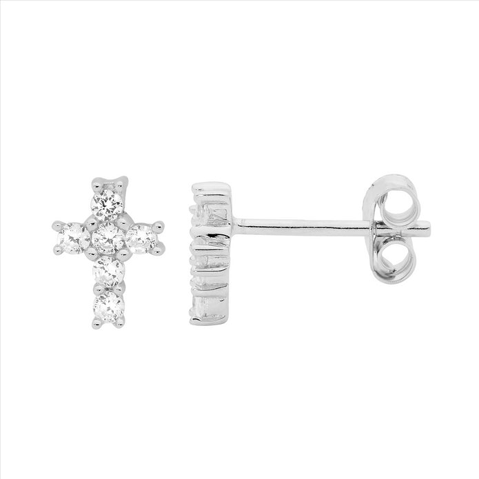 Sterling Silver CZ Cross Stud Earrings