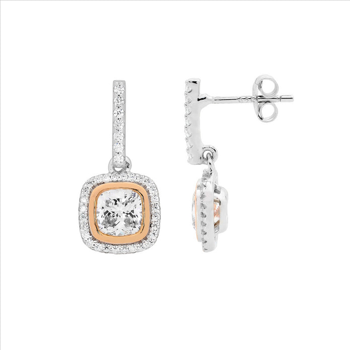 Sterling Silver RGP CZ Halo Drop Earrings