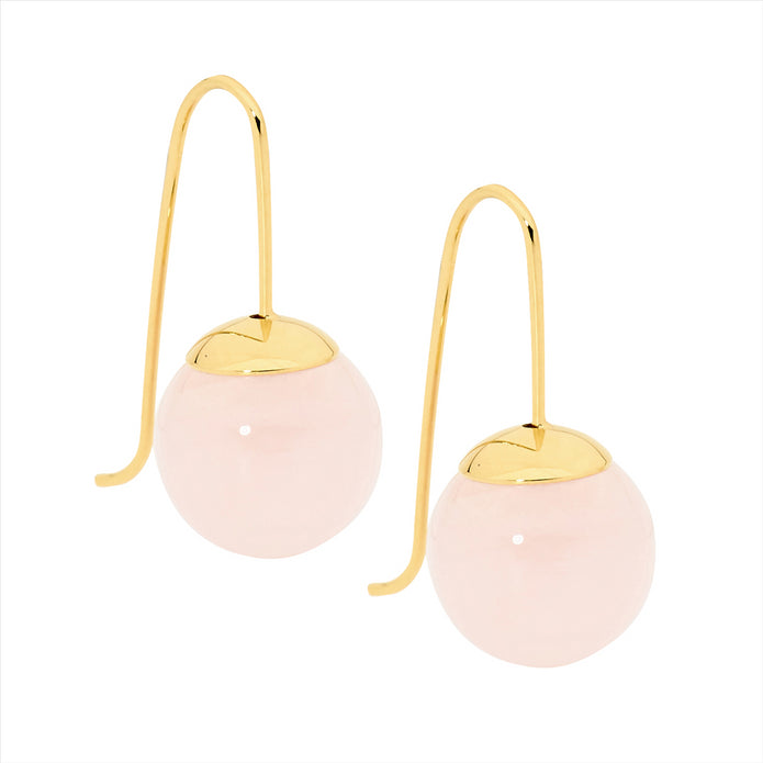 Stainless Steel GP 12mm Rose Quartz Ball Drop Earrings