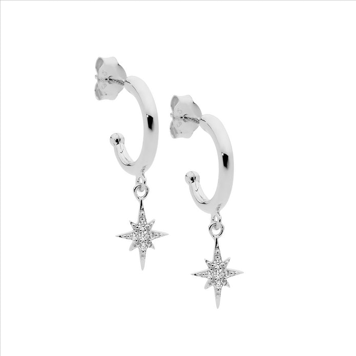 Sterling Silver 13mm Hoop CZ Star Drop Earrings