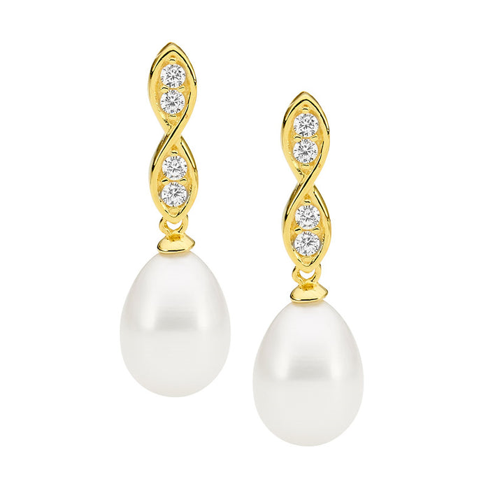 Sterling Silver CZ Freshwater Pearl GP Drop Earrings