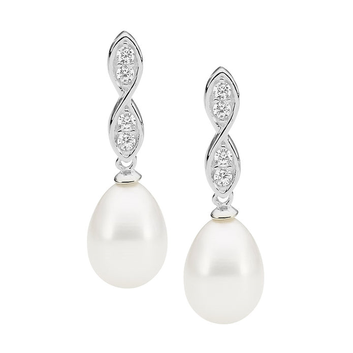 Sterling Silver CZ Freshwater Pearl Drop Earrings